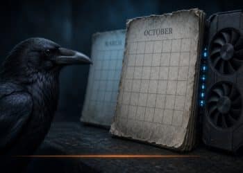 Raven in front of October and March calendar next to a graphics card – Upbit delisting and DAG limit
