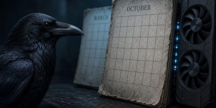 Rabe vor Kalender Oktober und März neben einer Grafikkarte – Upbit-Delisting und DAG-Limit