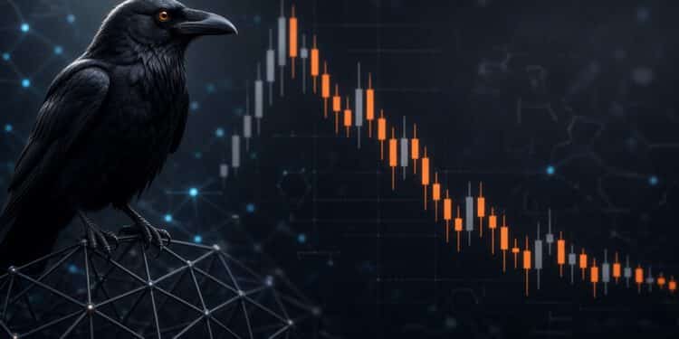 Ravencoin RVN Kurs und News September 2026 – Rabe vor fallendem Kerzenchart